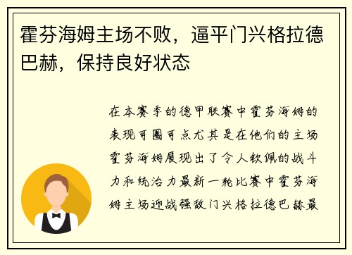 霍芬海姆主场不败，逼平门兴格拉德巴赫，保持良好状态