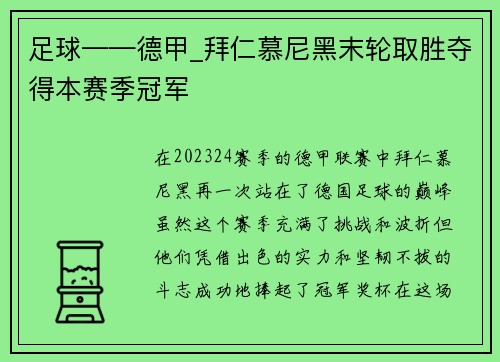 足球——德甲_拜仁慕尼黑末轮取胜夺得本赛季冠军