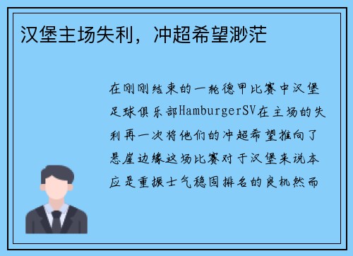 汉堡主场失利，冲超希望渺茫