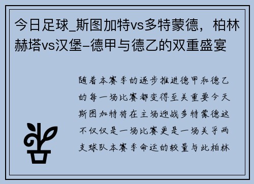 今日足球_斯图加特vs多特蒙德，柏林赫塔vs汉堡-德甲与德乙的双重盛宴