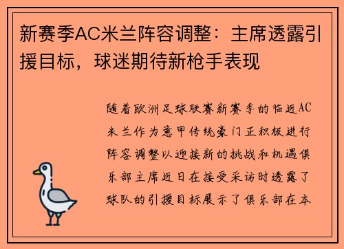 新赛季AC米兰阵容调整：主席透露引援目标，球迷期待新枪手表现