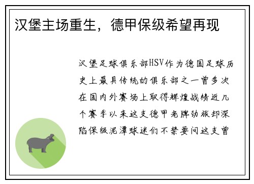 汉堡主场重生，德甲保级希望再现