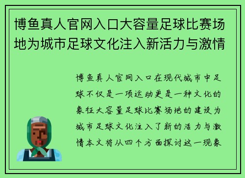 博鱼真人官网入口大容量足球比赛场地为城市足球文化注入新活力与激情