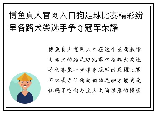 博鱼真人官网入口狗足球比赛精彩纷呈各路犬类选手争夺冠军荣耀